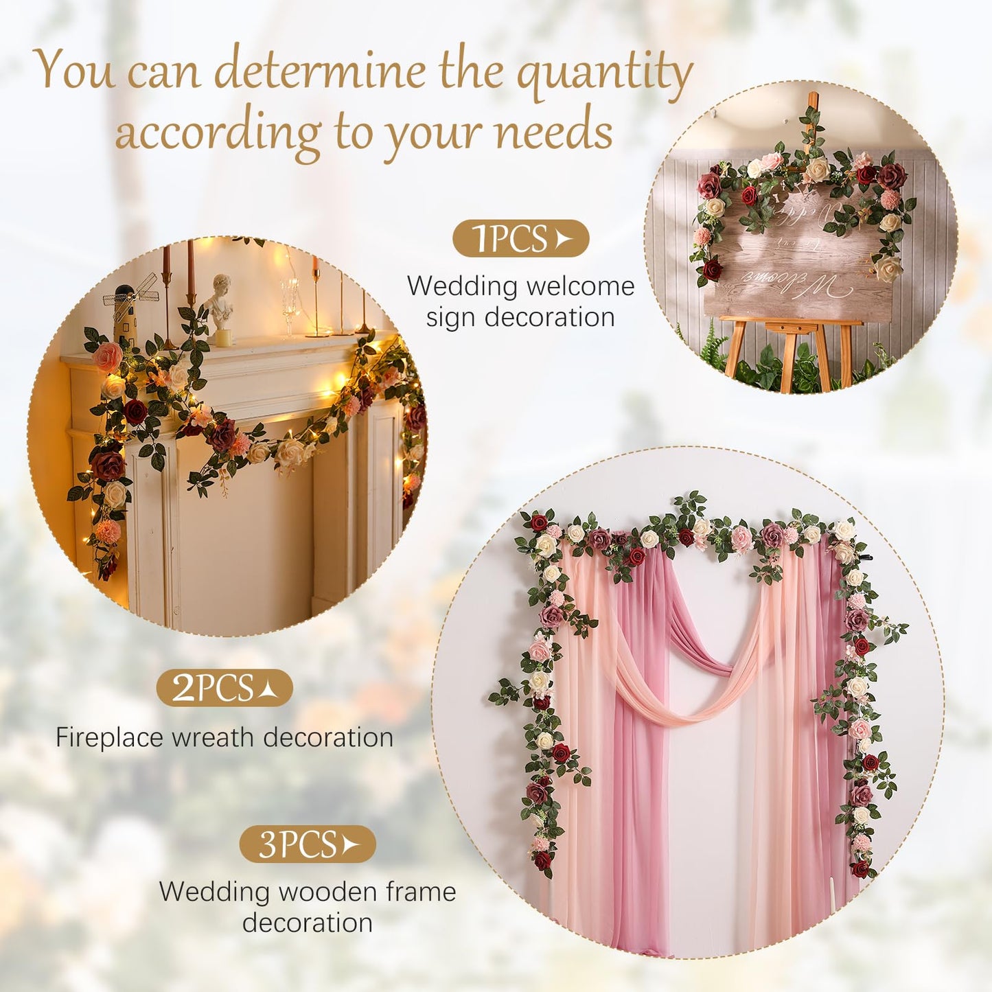 5FT Artificial Rose Flower Burgundy Fake Floral Garland for Wedding Ceremony Backdrop Arch Flowers Table Centerpieces Decorations