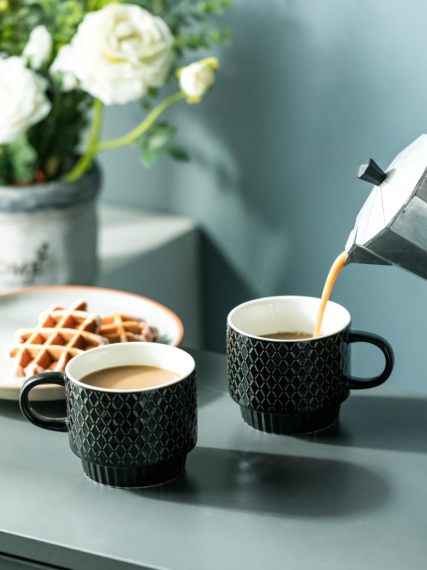 LYEOBOH Stackable Coffee Mugs Set of 4 with Rack & Spoons Coffee Mug Set 13 OZ., Ceramic Embossed Grinding Demitasse Cups Set Cappuccino Cup Halloween for Coffee, Latte, Macchiato, Espresso, Black