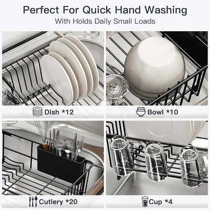 MAJALiS Dish Drying Rack Over The Sink with Utensil Holder, Mat | Expandable Stainless Steel Dish Drainer for Small Kitchen, Apartment, RV, Counter Space Saving, Perfect Fit, Rustproof