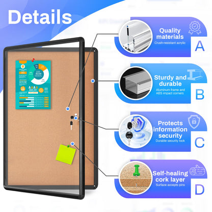 Magula 36"x24" Enclosed Bulletin Board Tamper-Proof Dispaly Case, Black Aluminium Frame, Shatter Resistant Lockable Bulletin Board, Enclosed Cork Board for School, Office,Commercial,Hospital etc
