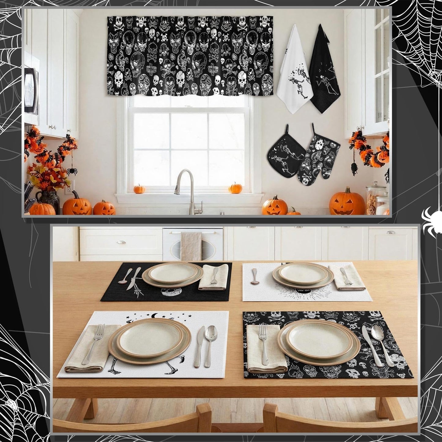 Fourluoo 16 Pcs Halloween Kitchen Decor and Accessories Set Black Skeleton Kitchen Towels and Dishcloths Non Slip Rugs Mats Oven Mitts and Pot Holders Scary Curtains Set for Home Decoration Gift