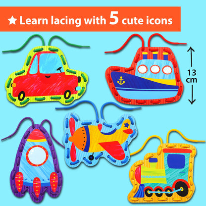 KRAFUN My First Lacing Cards Kit for Toddlers & Kids Age 3+, 5 Transport Vehicle Arts & Crafts Projects, Fine Motor Skills Toys, Beginner Activity Set with Car Rocket Train Plane Ship