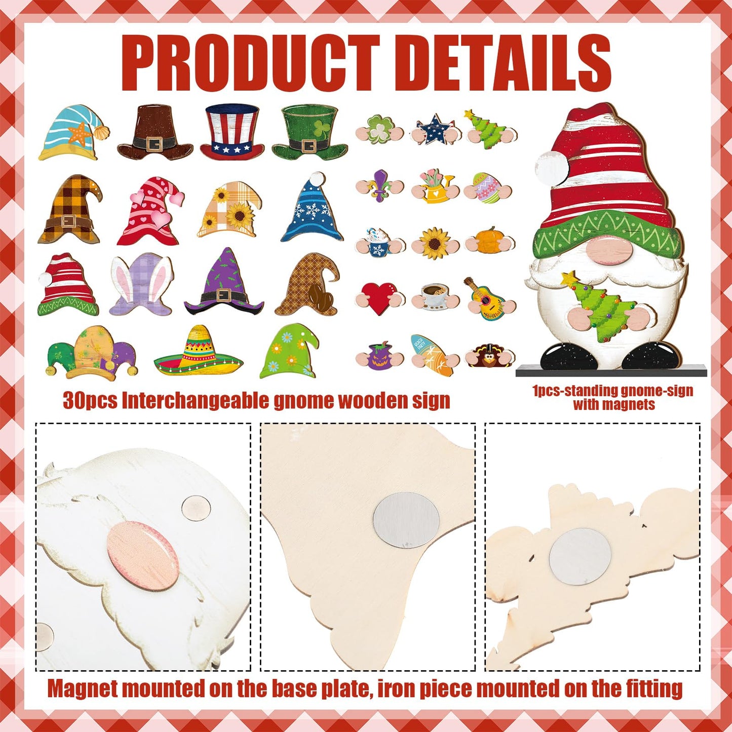 Blulu 32 Pcs Interchangeable Wooden Gnome Decor Summer 4th of July Patriotic Gnomes Welcome Sign Holiday Seasonal Tiered Tray Decor with Magnet Pieces for Gifts Decorations (Bright)