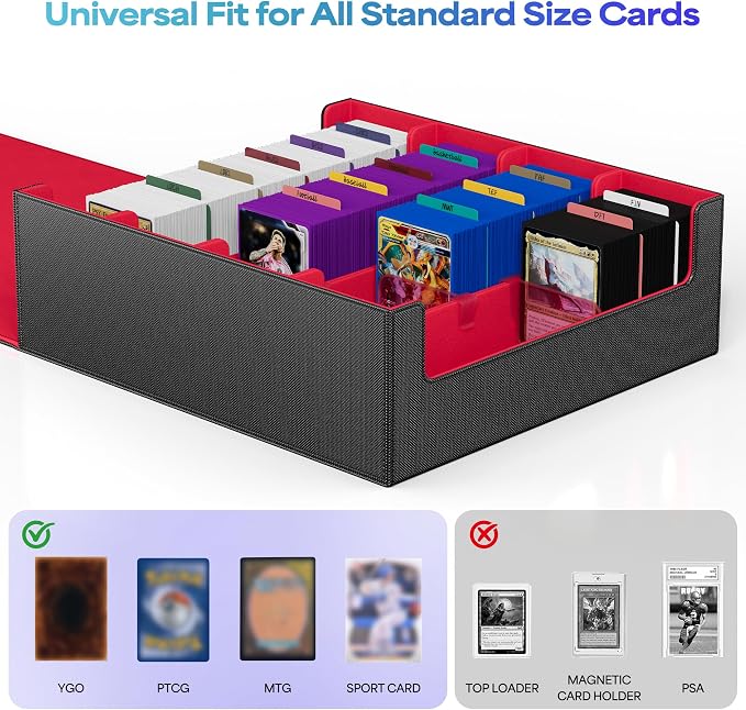 UAONO Trading Card Storage Box, Holds 2400 Sleeved Cards with 24 Dividers & 4 Stoppers, Magnetic Closure PU Leather Card Case for MTG, PTCG, YGO, Sports Cards (Black&Red)