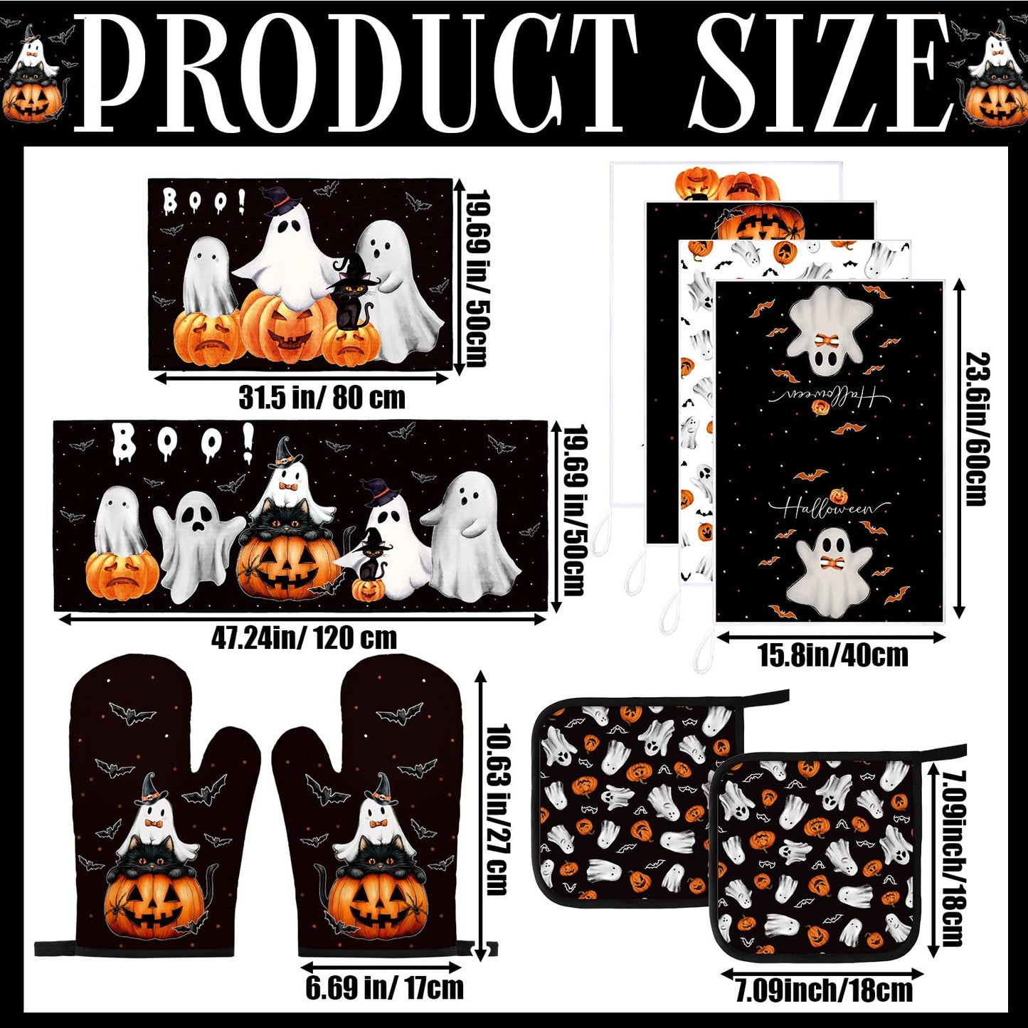 Fourluoo 10 Pcs Halloween Ghost Kitchen Decor Set Kitchen Rugs Dish Towels Oven Mitts and Pot Holders Set Ghost Decorations for Halloween Cooking Baking Grilling