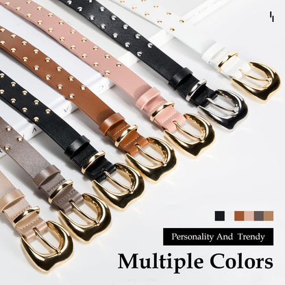 Asaloy Women's Studded Genuine Leather Belts,Adjustable Womens Waist Belts for Jeans Dresses and Pants Punk Belt (Black gold+White gold belt(2P), Waist circumference 27-36 inches)