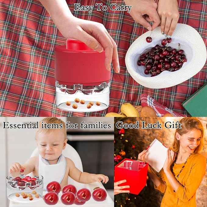 7-in-1 Cherry Pitter Tool,Multi-Function Pitting Tool, Portable Cherries Corer Stoner Seed Tool with Lock Design, Fruit Pit Remover for Cherry Jam (Wine Red)