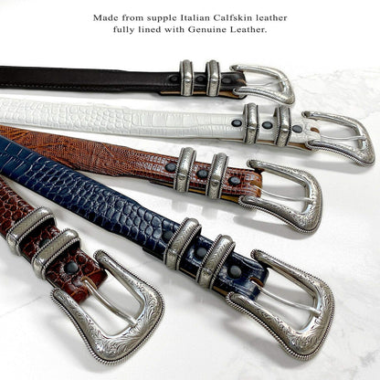 Belts.com Brenton_Genuine Full-Grain Cowhide Leather Dress Belt with Western Silver Plated Buckle Set (Smooth Black, 32)