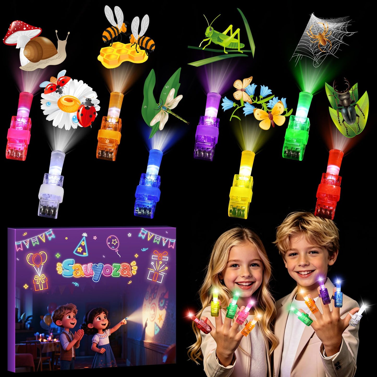 Sauyoza 36 Pack Bug Party Favors LED Finger Lights, Birthday Goodie Bags, Insects Glow in the Dark Bulk for Classroom Rewards, Party Supplies & Treasure Box Gifts