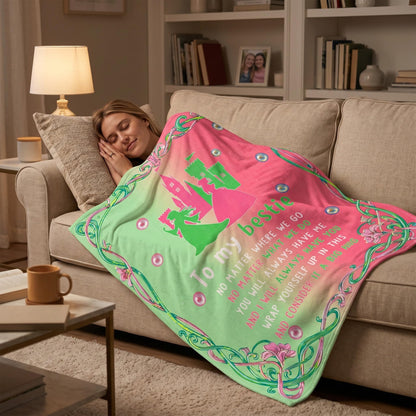 Hillsuren Witch Theme Blanket for Girls Pink and Green Throw Blanket to My Bestie Flannel Blankets 50 x 60 Inch Fun Witch Team Gifts for Women Christmas Halloween Thanksgiving Gift Decoration