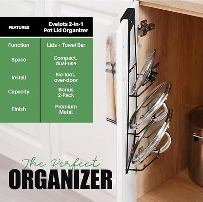 Evelots 2-in-1 Pot Lid Organizer with Towel Holder - 2 Pack, 3-Tier Cabinet Door Rack - Space-Saving Kitchen Organizer for Glass or Metal Pan Lids & Towels - Over the Door Design - Black