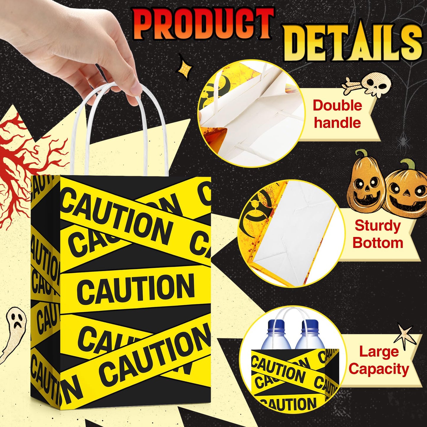 TaoBary 24 Pcs Halloween Biohazard Treat Bags Spooky Halloween Caution Gift Bags with Handles Beware of Danger Zombie Theme Horror Party Favors for Candy Goodie Snacks Holiday Party Supplies