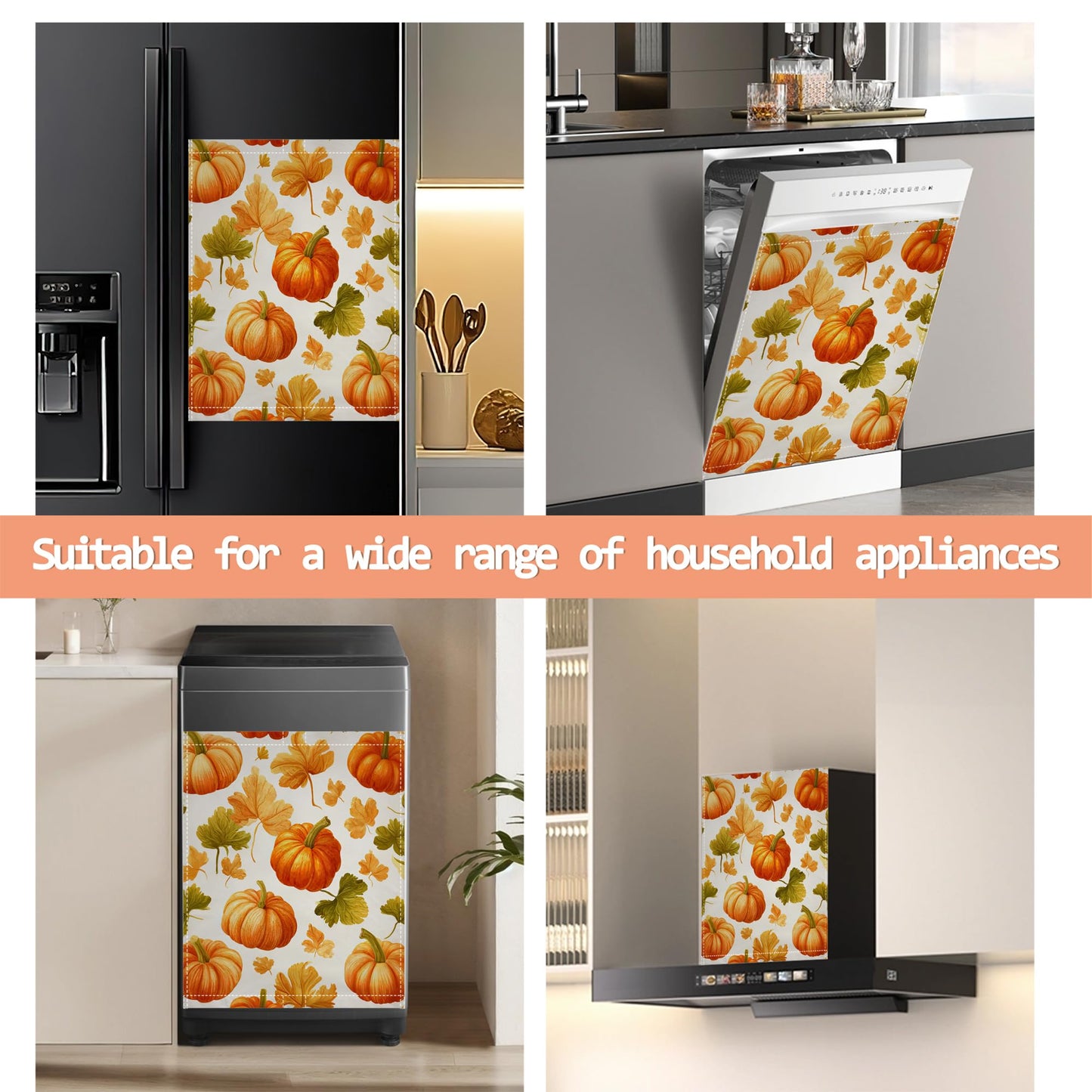 Pumpkins Leaves Refrigerator Magnet Cover, Front Dishwasher Cover Decoration Magnetic Cover for Home Kitchen Appliance 23x26 Inch