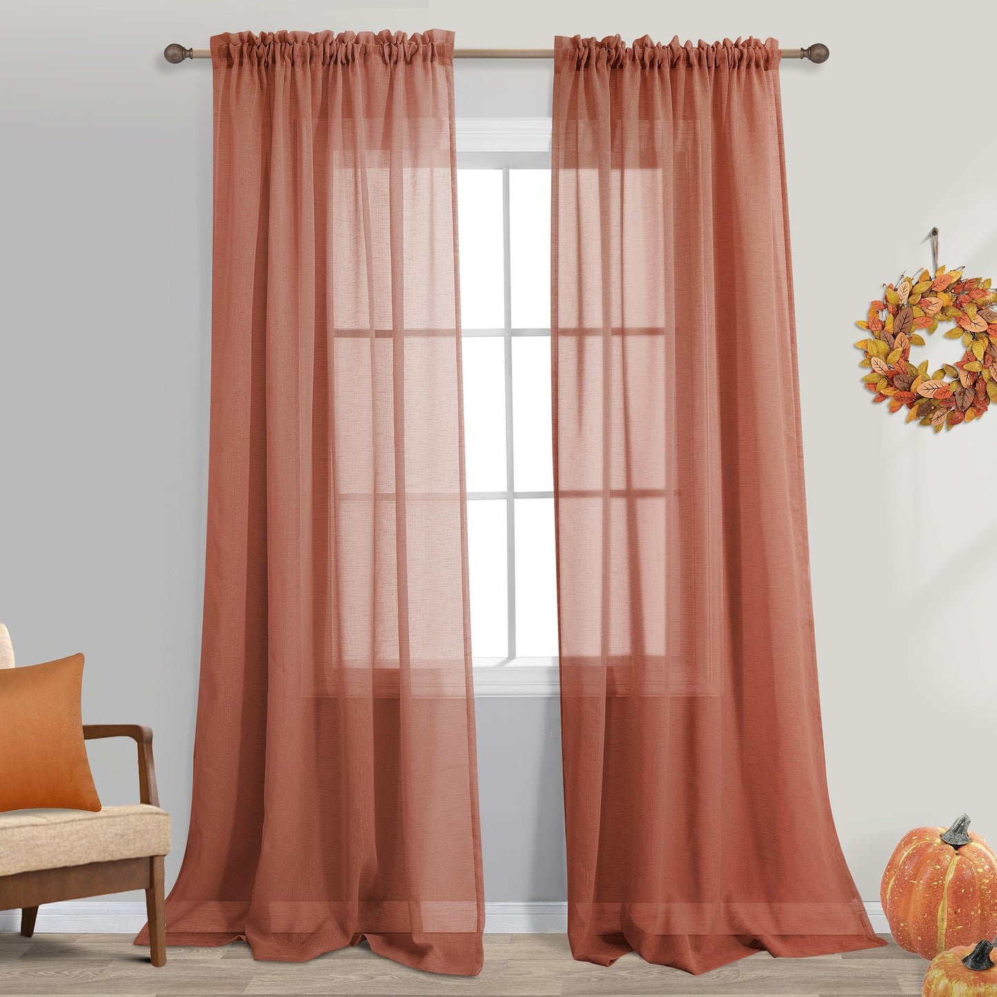 KOUFALL Sheer Boho Curtains for Bedroom 2 Panels,Window Treamtments Rod Pocket Bohemian Curtains for Living Room 96 Inches Long,Rust Orange Terracotta