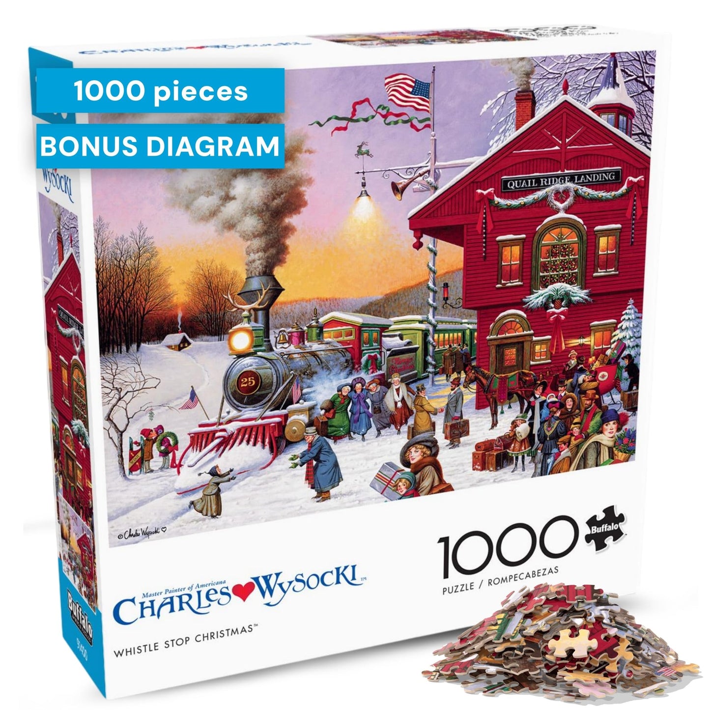 Buffalo Games – Charles Wysocki - Whistle Stop Christmas- 1000 Piece Holiday Jigsaw Puzzle - Festive Puzzles for Adults – Precision-Cut Pieces, Winter Artwork, Hours of Relaxing Fun