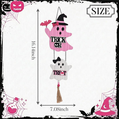 Valery Madelyn Pink Halloween Decorations, Cute Halloween Door Wreath Decorations, Ghost with Witch Hat Wooden Hanging Sign for Wall Window Door Handle, 16 inch