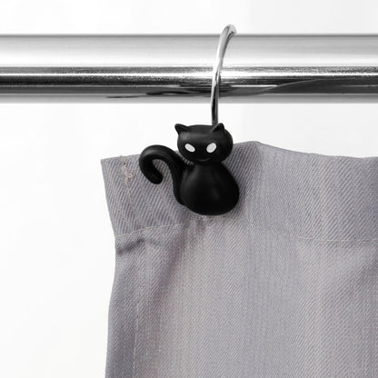Halloween Black Cat Shower Curtain Hooks：12 Pcs Cute Spooky Gothic Cat Design with Rustproof Stainless Steel Rings - Haunted House Witchy Ghost Horror Theme Decorative Hooks for Bathroom Bedroom Décor