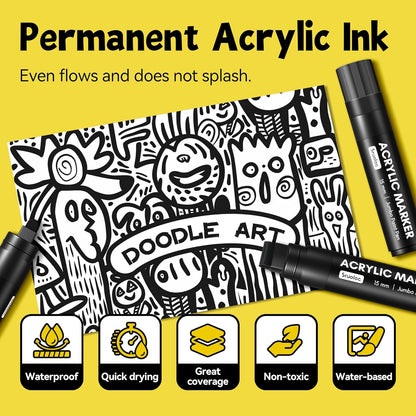 3 Jumbo Permanent Markers White, 15mm Thick Wide Tip, Large Acrylic Paint Markers for Rock Painting, Poster, Stone, Ceramic, Glass, Wood, Canvas