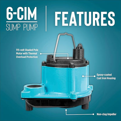 Little Giant 6-CIM-R 115-Volt, 1/3 HP, 2750 GPH Manual (No Switch) Submersible Sump Pump for Sump Systems and General Dewatering, 10-Ft. Cord, Blue, 506271
