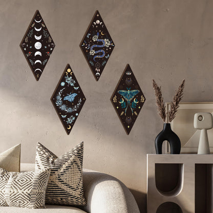 Romart Moon Phase Wall Decor: 4 Pieces Boho Moon Phases Moth Wall Art Wooden Gothic Witchy Hanging Wall Decor Minimalist Wall Pediments for Bedroom Living Room Home Decorations