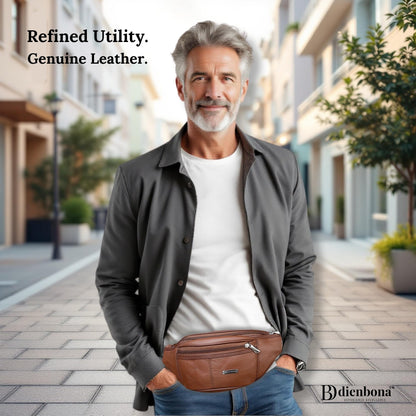 Genuine Leather Fanny Pack Bum Bag for Men – Crossbody Sling Waist Bag with 3 Pockets & Hidden Anti-Theft Pocket, Adjustable Strap, Lightweight Travel Hip Bag for Hiking, Outdoor & Daily Use (Tan)