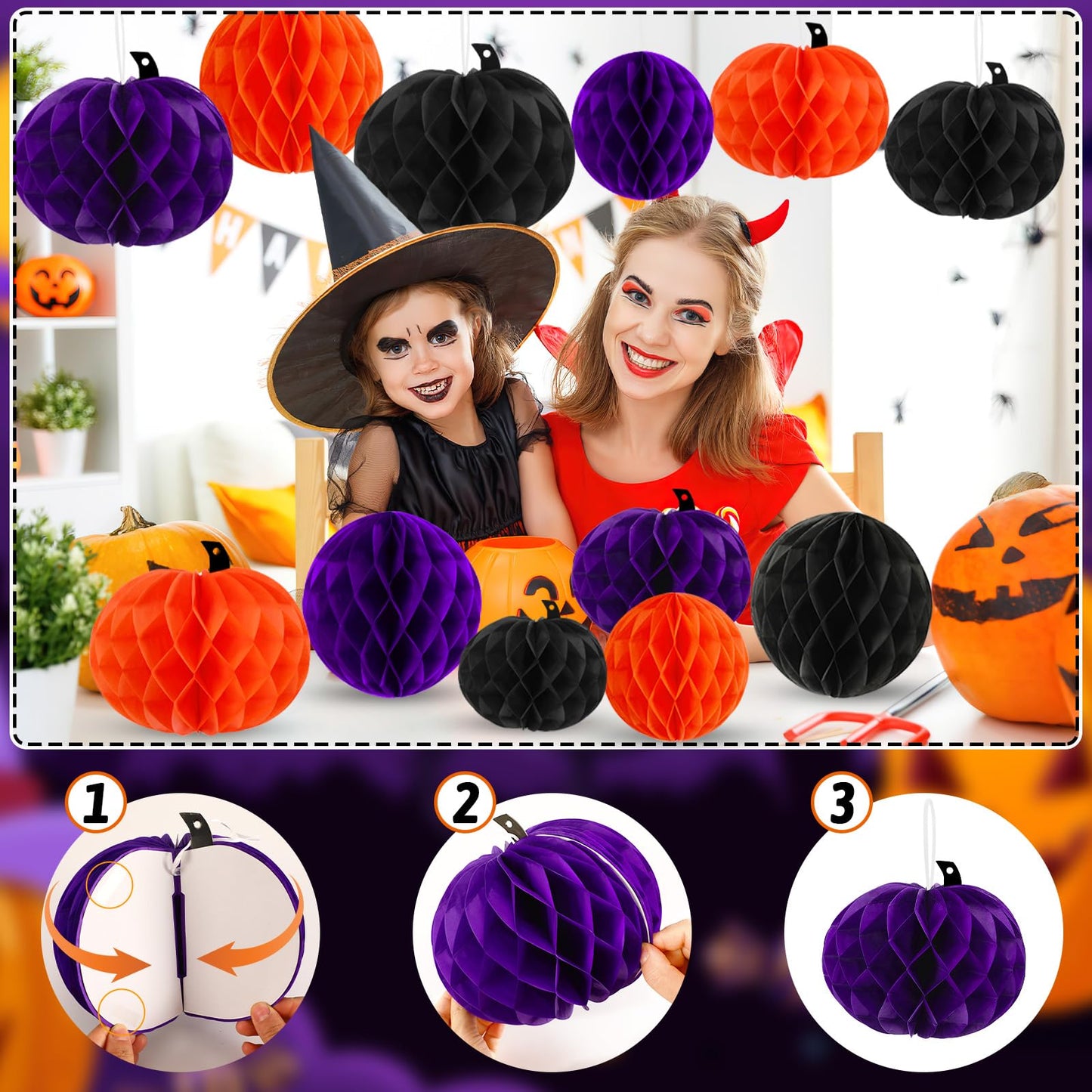 BOARDFEB 15Pcs Halloween Honeycomb Decorations, Orange Purple Black Pumpkin Paper Honeycomb Balls Halloween Hanging Ornaments for Party Favor Supplies
