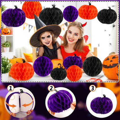 BOARDFEB 15Pcs Halloween Honeycomb Decorations, Orange Purple Black Pumpkin Paper Honeycomb Balls Halloween Hanging Ornaments for Party Favor Supplies