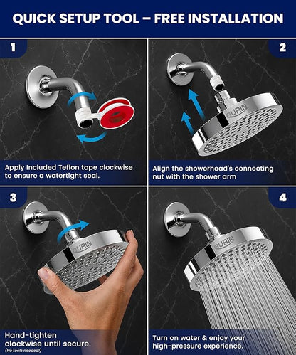 GURIN Shower Head - Powerful High Pressure Rain Shower Head 6 Inch - Luxury Rainfall Showerhead with Adjustable Angles, 90 Anti-Clog Nozzles, Tool-Free 1-Min Install, Premium Polished Chrome Finish