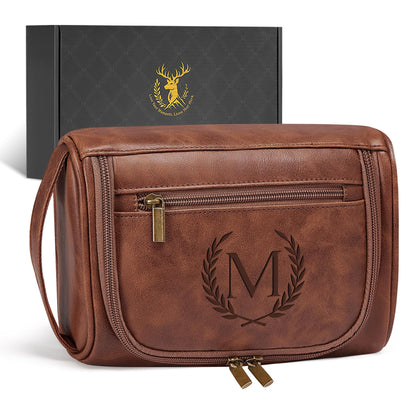 Aganmi Personalized Gifts Travel Toiletry Bag for Men Him, Laser-Engraved Initial Waterproof PU Leather Shaving Bag Fathers Day Birthday Gift for Men Dad Husband Boyfriend Son Reddish Brown M