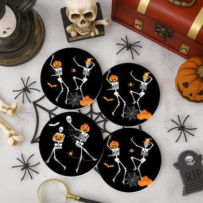 Bribay Coaster for Drinks Set of 6, Funny Happy Halloween Skeleton Pumpkin Bat Absorbent Round Ceramic Stone Mat, with Cork Base and Metal Holder, Gift for Housewarming Room Bar Decor