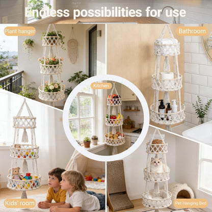 3 Tier Hanging Fruit Baskets for Kitchen, Macrame Plant Hanger Cotton Rope Handwoven Hammock Produce Storage Organizer Basket for Plants Holder, Vegetable, Onion, Potato (White)