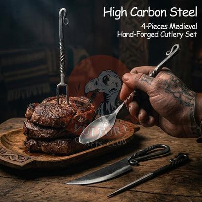 Medieval Silverware Set with Leather Cover - Hand Forged Medieval Cutlery Set - Viking Camping Utensils, Medieval Decor,Gifts - 4 Pcs Viking Utensils Set Fork Spoon and Knife Set (Half Black) (Silver Black)