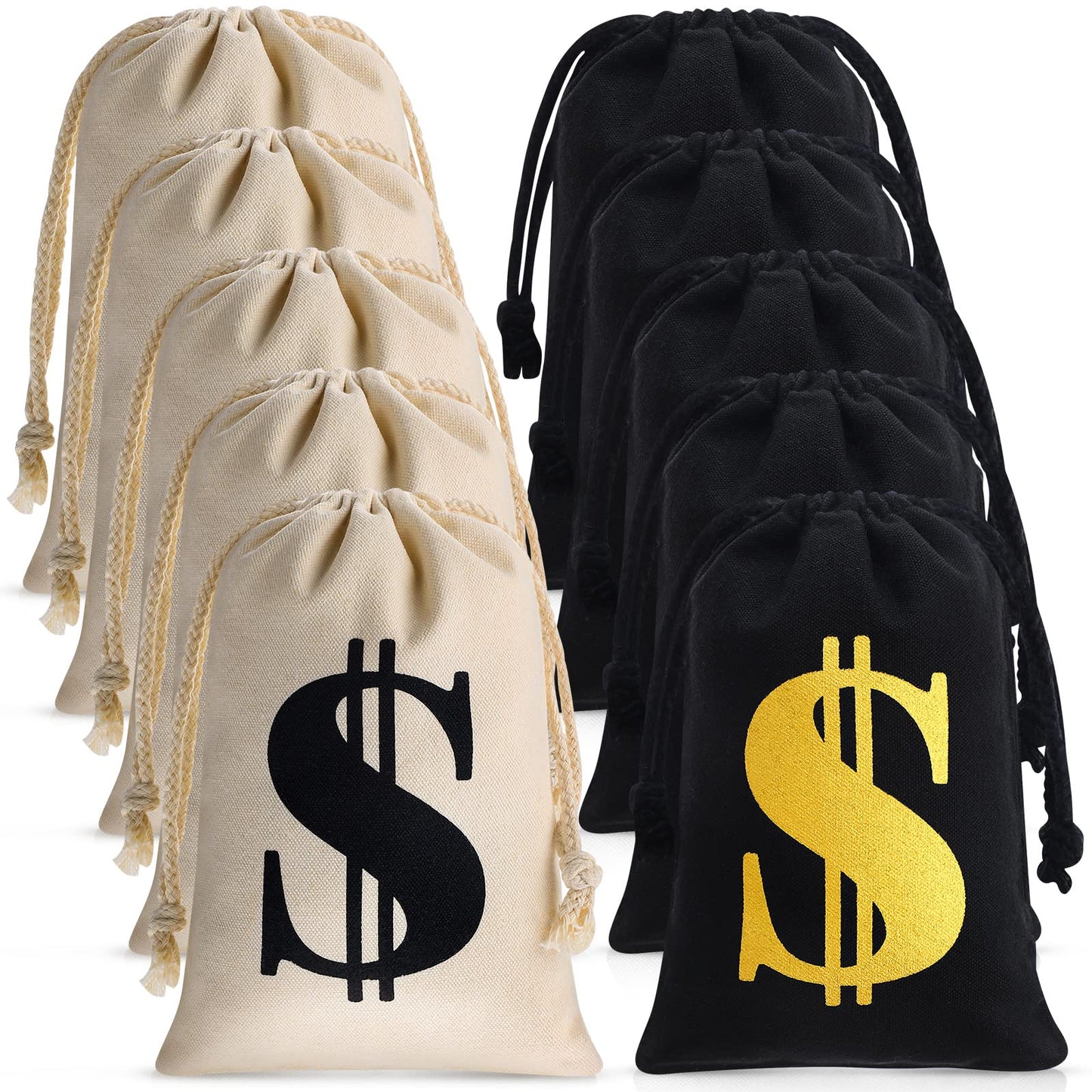 Shihanee 24 Pcs 9 x 6.3 Inch Canvas Money Bag with Drawstring Closure Costume Money Bag Pouch Dollar Sign Carrying Sack Prop for Party favor Bank Robber Pirate Cowboy Cosplay Theme Party (Beige,Black)