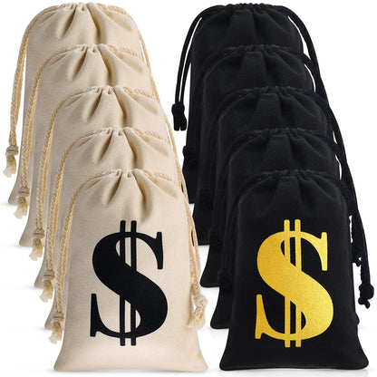 Shihanee 24 Pcs 9 x 6.3 Inch Canvas Money Bag with Drawstring Closure Costume Money Bag Pouch Dollar Sign Carrying Sack Prop for Party favor Bank Robber Pirate Cowboy Cosplay Theme Party (Beige,Black)