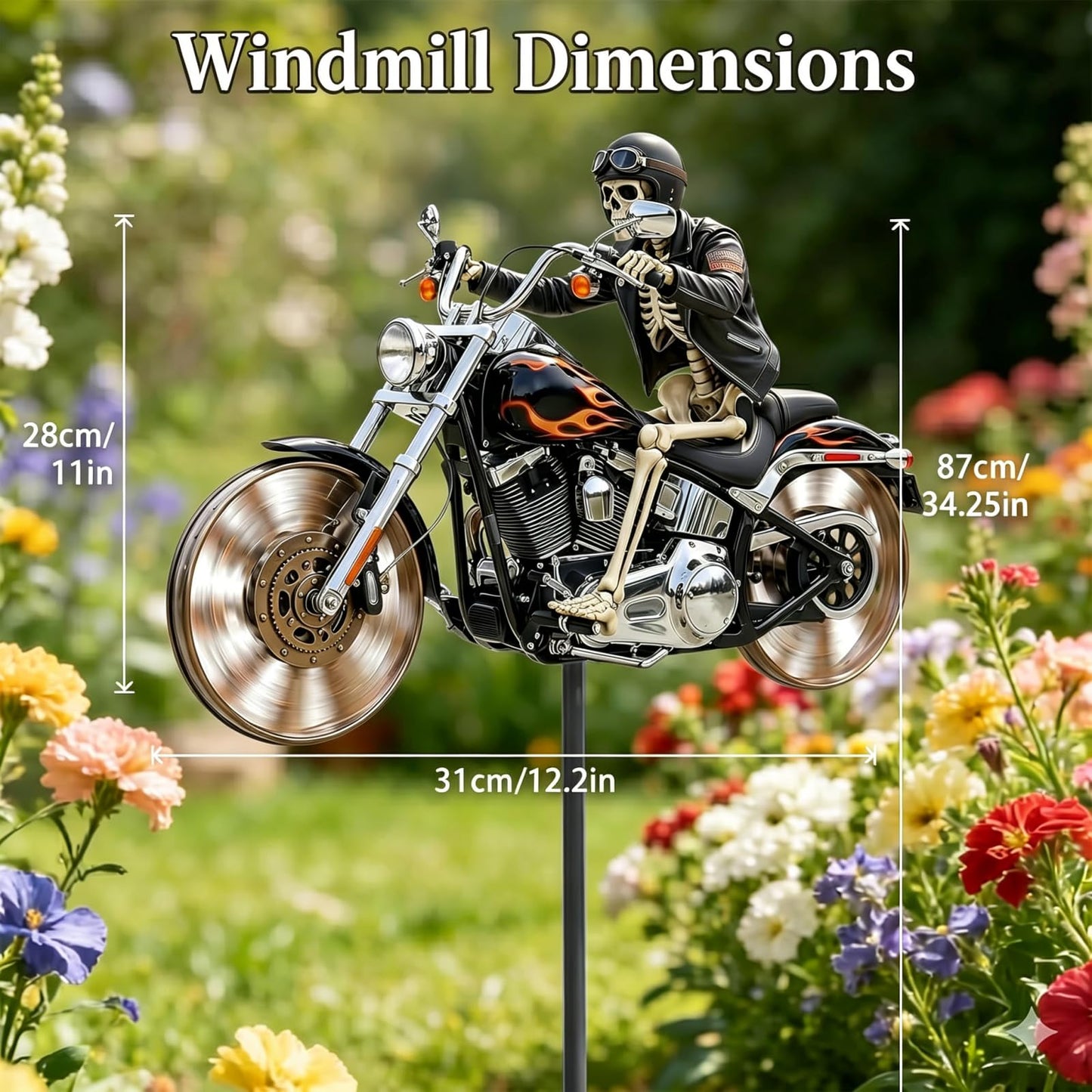 Skeleton Motorcycle Wind Spinner, Biker Skull Windmill Stake with Rotating Wheels, Resin Outdoor Sculpture Ornament for Patio Yard Garden1