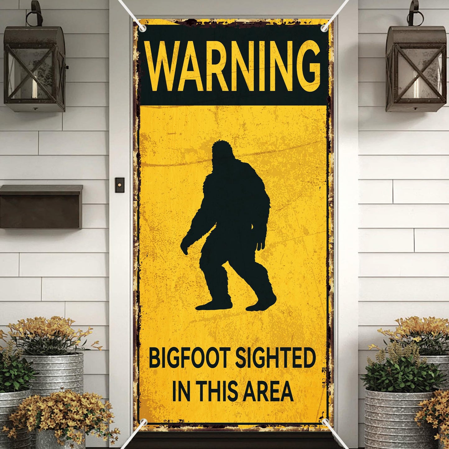 Bigfoot Caution Backdrop Banner BIGFOOT SIGHTED IN THIS AREA Sasquatch Silhouette Novelty Warning Sign Forest Theme Photography Background for Birthday Party Home Decor 35x72 Inch