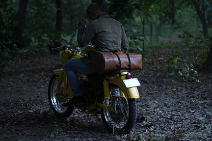 Trip Machine Company Full Grain Leather Military Inspired Motorcycle Duffel Bag 24L Saddlebag Weekender with Shoulder Strap, Mounting Straps & Rain Cover (Vintage Tan)