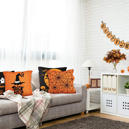 Whaline Halloween Pillow Case Large Orange and Black Pillow Cover 20" x 20" Happy Halloween Spider Ghost Pumpkin Linen Sofa Bed Throw Cushion Cover Decoration for Home Office, 4pcs