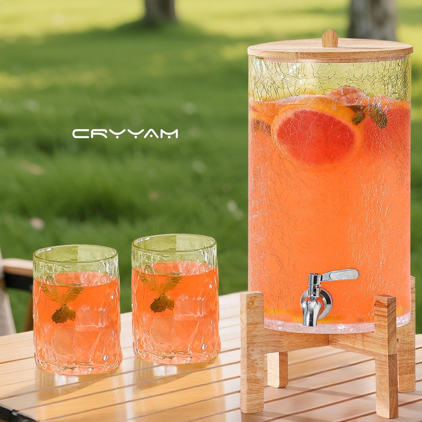Cryyam 2 Gallon Glass Drink Dispenser with Stand, Beverage Dispenser with Wood Lid and Stainless Steel Spigot, Glass Water Dispenser for Parties, Ideal for Juice, Tea, Lemonade, and More