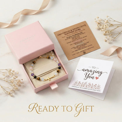 Aghfacy Christian Gifts for Women Cross Bracelet Natural Gemstone Crystal Bracelet Gold Cross Charm Confirmation Gifts for Teen Girls Easter Basket Stuffers Adjustable with Message Card