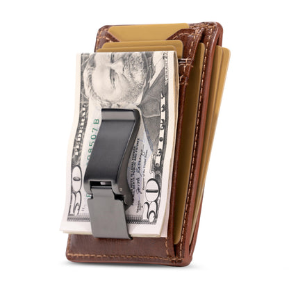 House of Jack Co. Flynn Hinged Money Clip Wallet for Men, Slim Front Pocket Card Holder, Full Grain Cowhide Leather Wallet, Brown