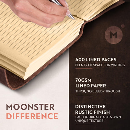 moonster Leather Journal with Embossed Heart Shape - Non Refillable 8x6″ Lined Notebook - 400 Pages College Ruled Kraft Paper - Inspirational Small Notebook - Leather Journals for Women
