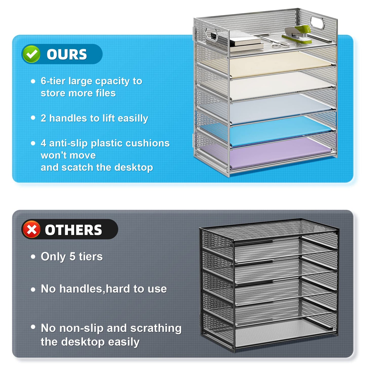 Marbrasse 2 Pack Desk Organizer with Handle, 6 Tier Paper Letter Tray, Mesh Desk File Organizer for Office, School and Home - Silver