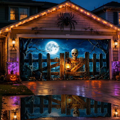 Halloween Garage Door Banner 157.5x70.9in Haunted House Graveyard Scene with Rope 393.7in & 10 Grommets Double Stitch Outdoor Garage Door Cover Halloween Garage Door Decorations Backdrop