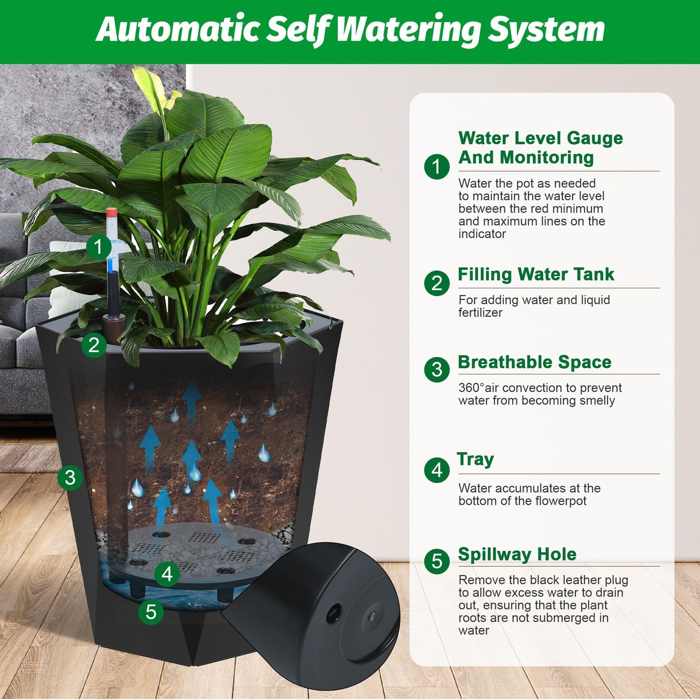 GarveeTech 16" Tall Planters Set of 2, Self-Watering Planters, Planters for Outdoor Plants, Plants Pot with Water Level Monitor & Drainage System for Garden, Porch, Patio, Balcony