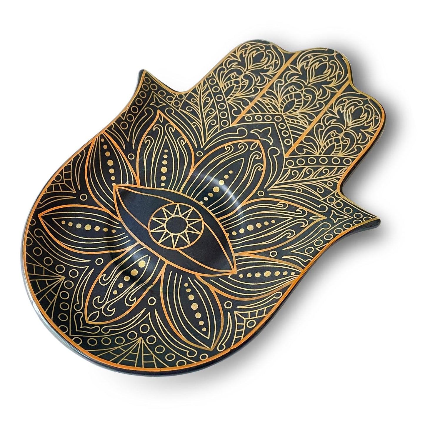 Exquisite Small Ceramic Jewelry Tray - Trinket Dish Evil Eye Decor, Gold Plate Ring Holder, Modern Boho Home Essentials, Perfume Organizer, Witchy, Aesthetic Room Decor (Black Hamsa)
