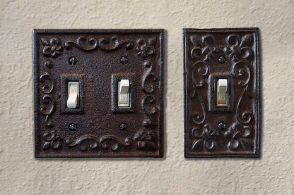 Lulu Decor, Fleur De Lis Cast Iron Switch Plate in antique rustic brown finish, perfect for any room or office space.