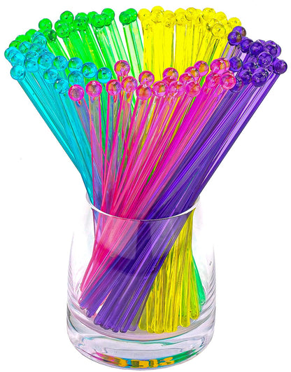hapray 100-PCS 5 Color Plastic Swizzle Sticks, Crystal Cake Pops, Cocktail Coffee Drink Stirrers, Stir Sticks, 7.24 Inch (Pink, Yellow, Blue, Purple, Green)