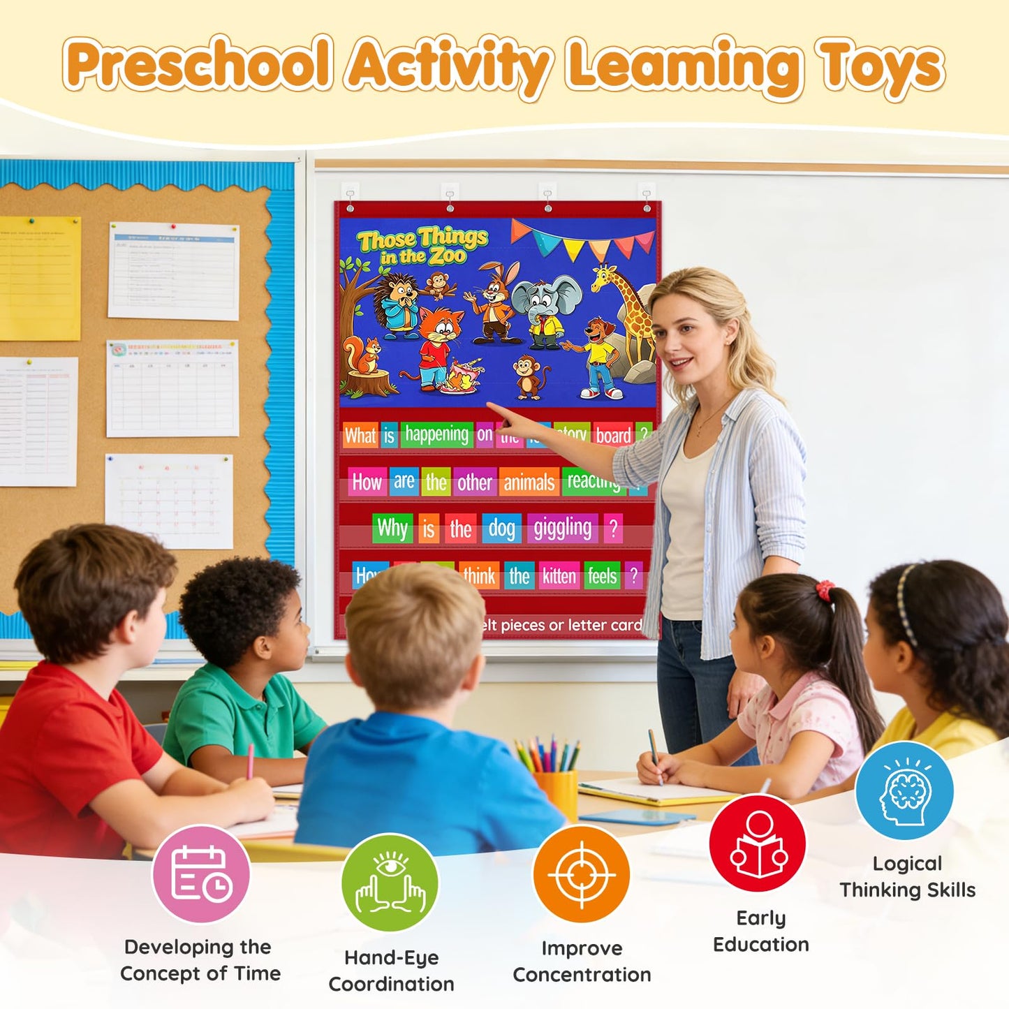 AKAYOK 2-in-1 Felt Board & Pocket Chart, 37”x28 Felt Board for Wall with 54 Self Adhesive Dots & 15 Dry Erase Sentence Strips, Flannel Boards Stories for Preschool, Early Literacy & Speech Therapy