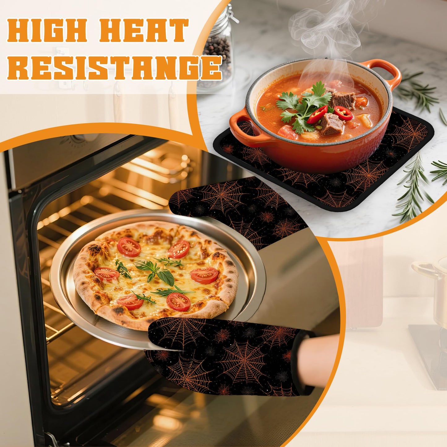 Halloween Oven Mitts and Pot Holders Set,Spider Web Kitchen Decor Heat Resistant Non Slip Hot Pads and Oven Mitt for Chef Cooking Baking BBQ Mom Girl Gifts(4 Piece Set)